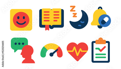 Flat vector icons of symptoms monitoring: mood tracker, diary, sleep monitor, medication reminder, therapy appointment, stress gauge, heart rate monitor, activity log.