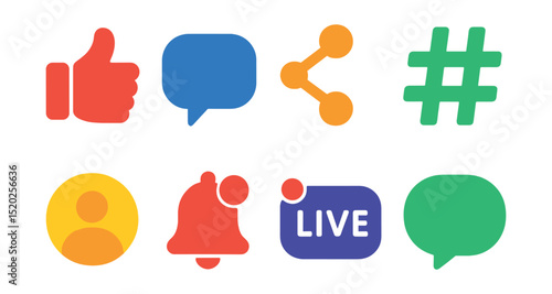 Flat vector icons of social media features: like button, comment bubble, share icon, hashtag, follower profile, notification bell, live video, chat bubble.