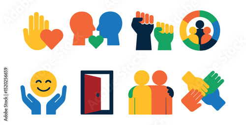 Flat vector icons of inclusion values: respect, empathy, equality, diversity, acceptance, openness, support, unity.