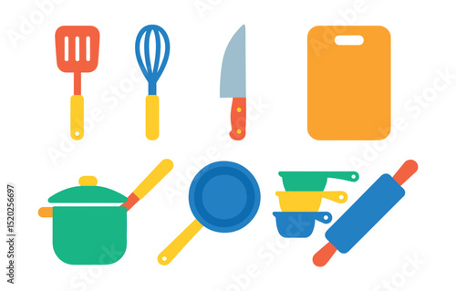 Flat vector icons of cooking utensils: spatula, whisk, chef’s knife, cutting board, saucepan, frying pan, measuring cups, rolling pin.