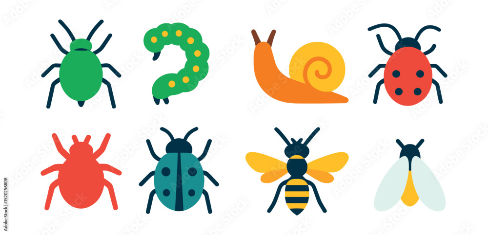 Obraz premium Flat vector icons of garden pests: aphid, caterpillar, slug, snail, spider mite, beetle, wasp, whitefly.