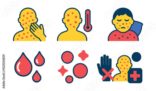 Flat vector icons of chickenpox symptoms: itchy rash, fever, tiredness, blisters, spots, red skin, contagious, medical care.