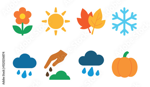 Flat vector icons of garden season cycles: spring bloom, summer sun, autumn leaves, winter snow, frost, rain, seed planting, harvest.