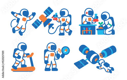 Flat vector icons of astronaut activities: spacewalking, repairing satellite, scientific experiments, space gardening, space station exercise, communication, navigation, docking.