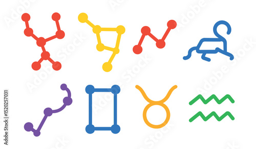 Flat vector icons of constellation symbols: Orion, Ursa Major, Cassiopeia, Leo, Scorpio, Gemini, Taurus, Aquarius.