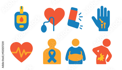 Flat vector icons of chronic diseases: diabetes, hypertension, asthma, arthritis, heart disease, cancer, obesity, chronic pain.