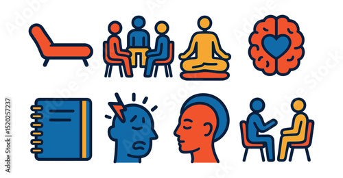 Flat vector icons of mental health support: therapist couch, support group, meditation pose, brain with heart, journal, stress relief, mindfulness, counseling session.