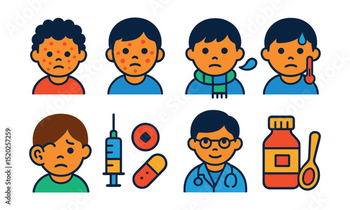 Flat vector icons of pediatric diseases: chickenpox, measles, cold, fever, ear infection, vaccination, child doctor, medicine syrup.