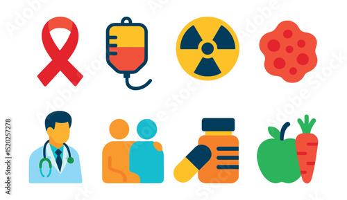 Flat vector icons of cancer care: ribbon, chemotherapy, radiation therapy, tumor, doctor consultation, patient support, medication, healthy diet.