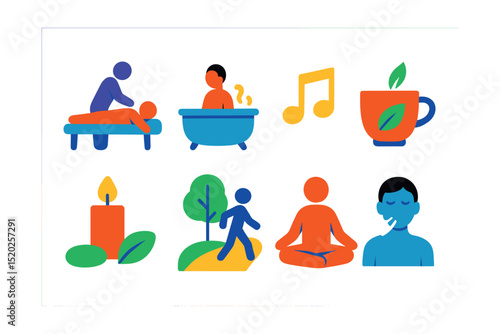 Flat vector icons of stress relief: massage, hot bath, music notes, herbal tea, candle, nature walk, relaxation pose, breathing exercises.