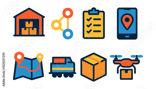 Flat vector icons of global logistics: warehouse, supply chain, inventory management, tracking device, route map, freight train, packaging box, delivery drone.