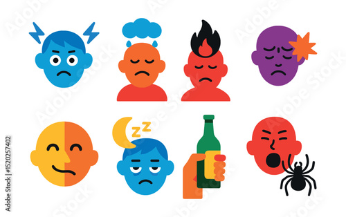 Flat vector icons of mental health challenges: anxiety, depression, burnout, PTSD, bipolar disorder, insomnia, addiction, phobia.