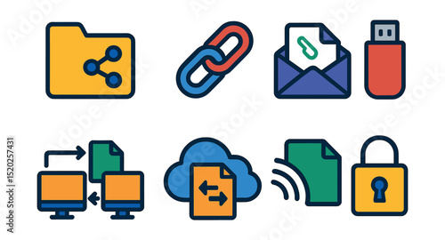 Flat vector icons of digital file sharing: shared folder, link sharing, email attachment, USB flash drive, peer-to-peer transfer, cloud sync, wireless transfer, file encryption.