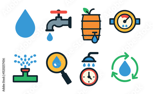 Flat vector icons of water conservation: water drop, faucet, rain barrel, water meter, irrigation system, leak detection, shower timer, water recycling.