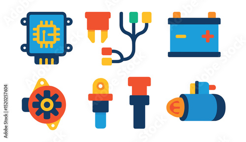 Flat vector icons of automotive electronics: ECU, fuse, wiring harness, battery, alternator, sensor, ignition coil, starter motor.