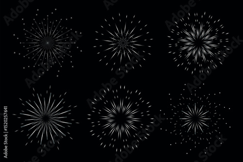 Set of silver fireworks. Festive fireworks - silver gradient. Isolated vector illustration on black background.