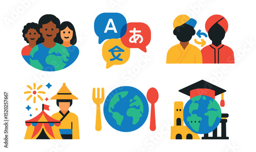 Flat vector icons of global population and culture: globe with diverse people icons, world languages, cultural exchange, traditional clothing, international festivals, global cuisine, world heritage