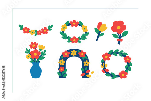 Flat vector icons of floral decorations: garland, flower crown, boutonniere, corsage, centerpiece bouquet, floral arch, petals, wreath.