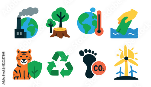 Flat vector icons of global environmental issues: globe with pollution, deforestation, climate change, ocean cleanup, wildlife protection, recycling, carbon footprint, renewable energy.