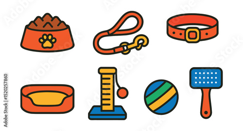 Flat vector icons of pet care items: food bowl, water dish, leash, collar, pet bed, scratching post, toy ball, grooming brush.