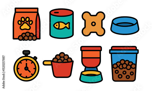 Flat vector icons of pet feeding: kibble bag, wet food can, treat biscuit, water bowl, feeding timer, measuring cup, automatic feeder, food storage container.