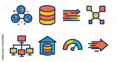 Flat vector icons of big data concepts: data clusters, multiple databases, data stream, analytics nodes, distributed computing, data warehouse, volume meter, high-speed data transfer.