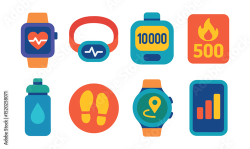 Flat vector icons of fitness tracking: smartwatch, heart rate monitor, pedometer, calorie counter, hydration bottle, step tracker, GPS watch, fitness app.