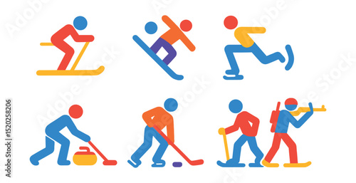 Flat vector icons of winter sports: skiing, snowboarding, ice skating, sledding, curling, ice hockey, snowshoeing, biathlon.