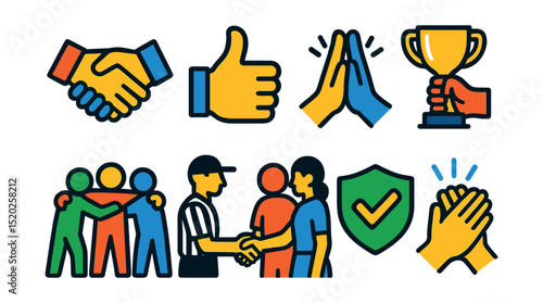 Flat vector icons of sportsmanship: handshake, thumbs up, high five, trophy sharing, team huddle, referee handshake, fair play badge, applause.