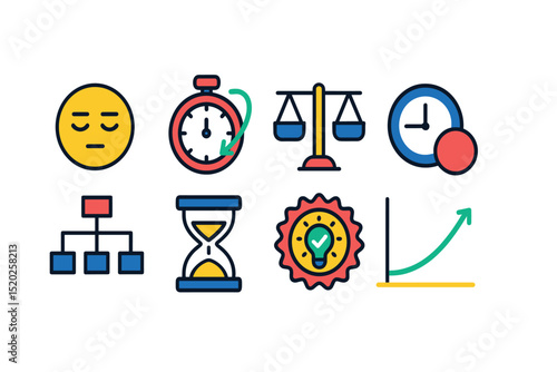 Flat vector icons of calm under pressure: focused face icon, calm timer symbol, balanced workload scale, time buffer icon, schedule flow chart, breathing space hourglass, efficiency mindset badge,