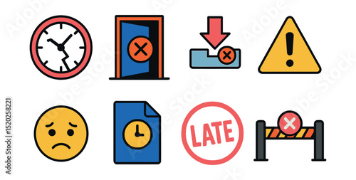 Flat vector icons of failure and missed deadlines: broken clock icon, missed opportunity door, failed upload icon, warning triangle, disappointed face, expired file icon, late stamp, closed