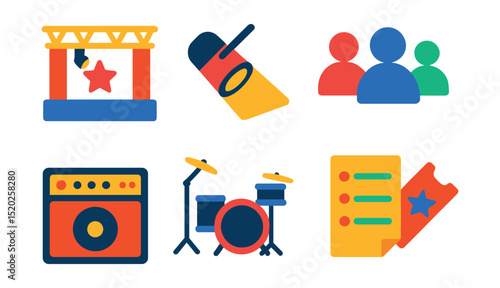 Flat vector icons of live music: concert stage, spotlight, microphone stand, audience, guitar amp, drum set, setlist, ticket.