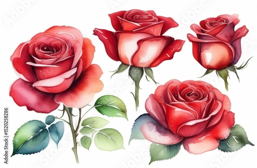 Watercolor roses for postcard template. Decorative flowers, petals, branches and leaves. Watercolour composition for wedding invitation, Print on white background.