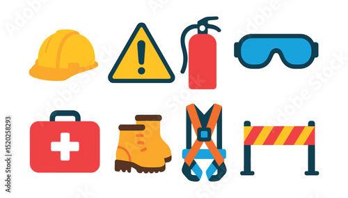 Flat vector icons of construction safety and equipment: safety helmet, caution sign, fire extinguisher, safety goggles, first aid kit, construction boots, safety harness, barricade tape.