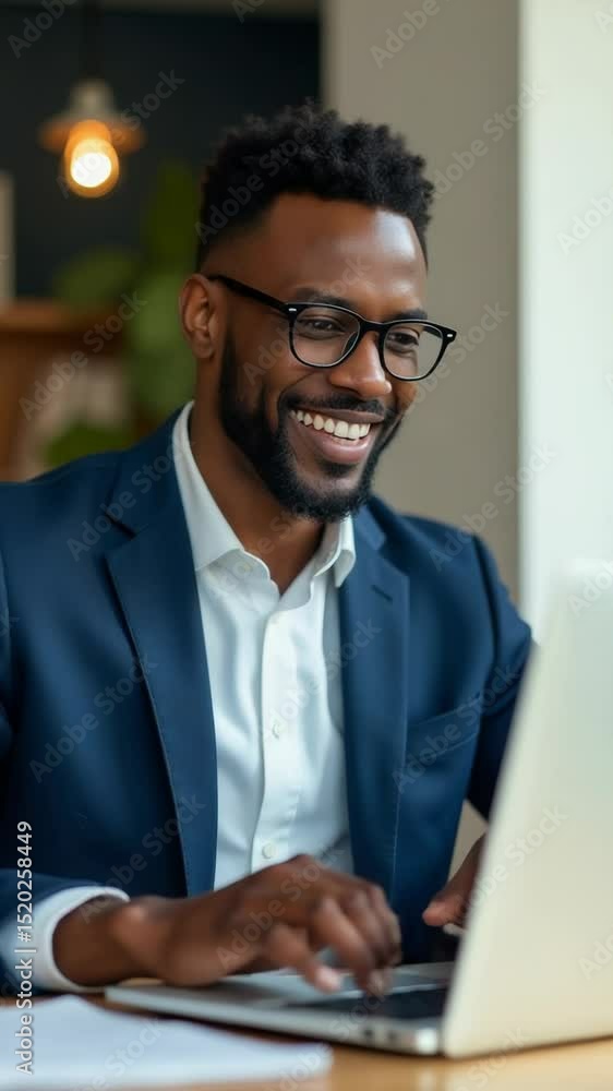 Man in a blue suit and glasses works on his laptop, smiling with focus Man in a blue suit and glasses works on his laptop, smiling with focus