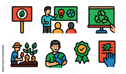 Flat vector icons of eco education and activism: protest sign, eco workshop, sustainability webinar, recycling education, community garden, environmental volunteer, green certification, eco pledge.