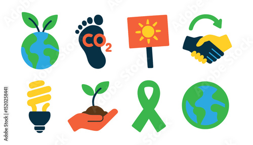 Flat vector icons of climate action and awareness: globe with leaves, carbon footprint, climate protest sign, renewable pledge, energy saving bulb, tree planting, awareness ribbon, green earth.