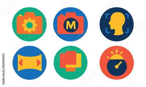 Flat vector icons of camera modes: auto mode, manual mode, portrait mode, night mode, panorama, burst mode, HDR, timer mode.