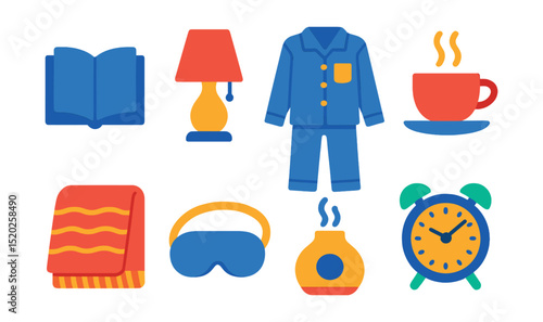 Flat vector icons of evening routine: book, dim lamp, pajamas, hot tea, blanket, sleep mask, diffuser, nightstand clock.