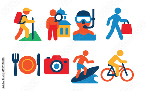 Flat vector icons of travel activities: hiking, sightseeing, snorkeling, shopping, dining, photography, surfing, cycling.
