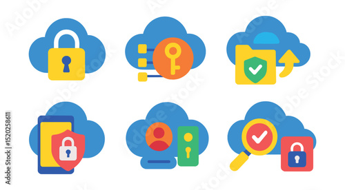 Flat vector icons of cloud security: cloud lock, data encryption, secure cloud storage, cloud backup, multi-factor authentication, access control, data audit, secure cloud app.