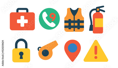 Flat vector icons of travel safety: first aid kit, emergency phone, life vest, fire extinguisher, travel lock, safety whistle, map marker, travel alert.