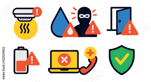 Flat vector icons of safety and alerts: smoke alarm notification, water leak alert, intruder detection, door left open warning, low battery alert, device malfunction, emergency contact, system health
