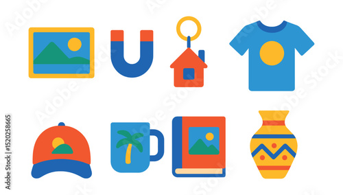 Flat vector icons of travel souvenirs and gifts: postcard, magnet, keychain, T-shirt, hat, mug, photo album, local crafts.