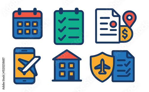 Flat vector icons of travel planning: calendar, checklist, itinerary, budget, flight booking, hotel reservation, travel insurance, packing list.