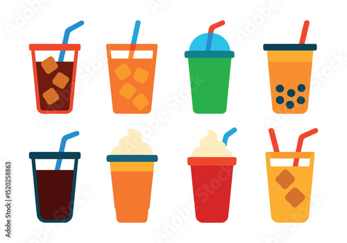 Flat vector icons of cold beverages in cups: iced coffee, iced tea, smoothie cup, bubble tea, cold brew, frappuccino, milkshake, iced latte.