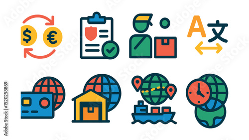 Flat vector icons of international e-commerce: currency exchange, customs declaration, shipping customs, language translation, international payment, global warehouse, shipping routes, time zone.