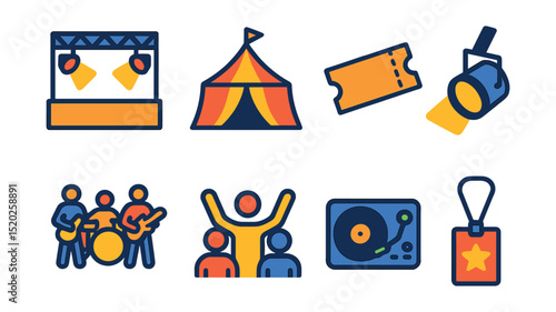 Flat vector icons of music events and venues: concert stage, festival tent, ticket stub, spotlight, live band, DJ turntable, audience crowd, backstage pass.