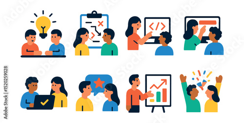 Flat vector icons of team collaboration activities: brainstorming, planning, coding, designing, testing, reviewing, presenting, celebrating.