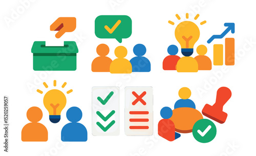 Flat vector icons of collaborative decision-making: voting, consensus, brainstorming, priority ranking, idea sharing, pros and cons, meeting, approval stamp.
